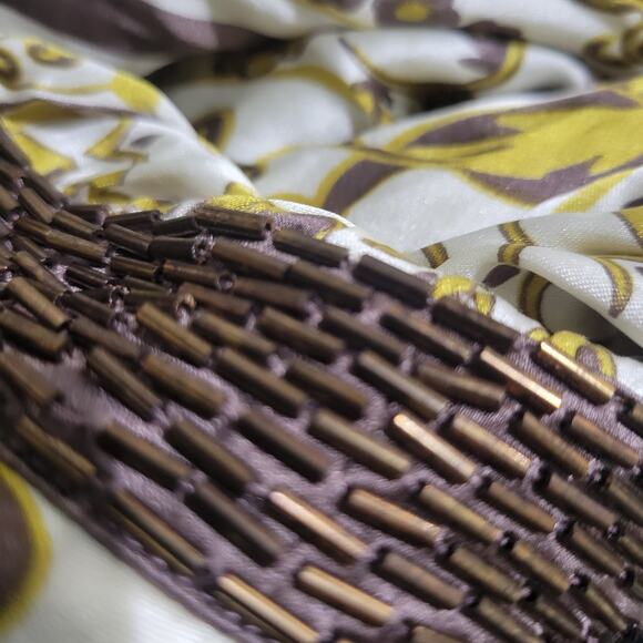 Vintage Arden B Silk Halter Top Brown Silk Beaded Scarf Baroque Print Straps XS - Picture 7 of 12